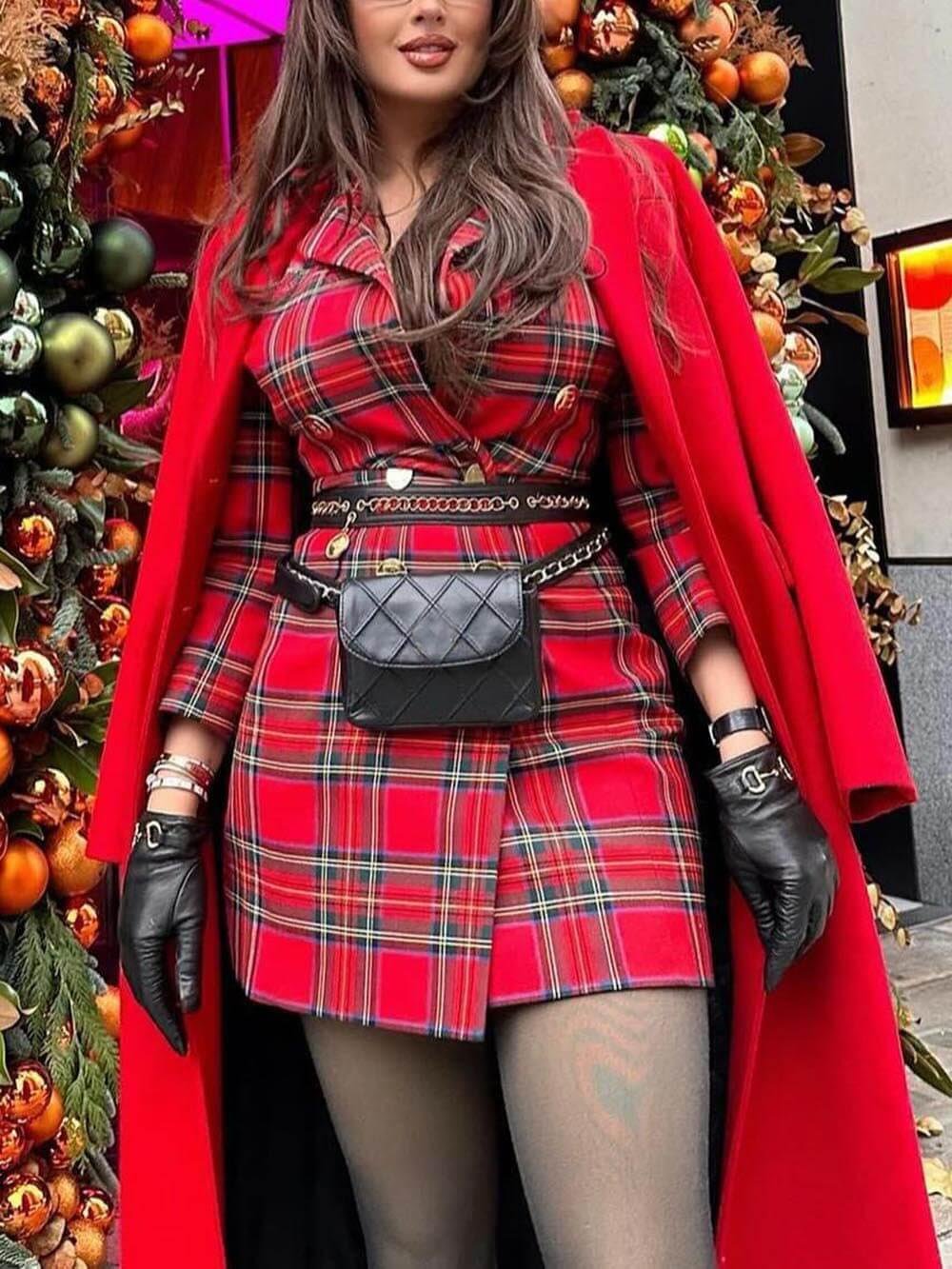 Robe blazer courte élégante à imprimé écossais de Noël avec boutons métalliques contrastants