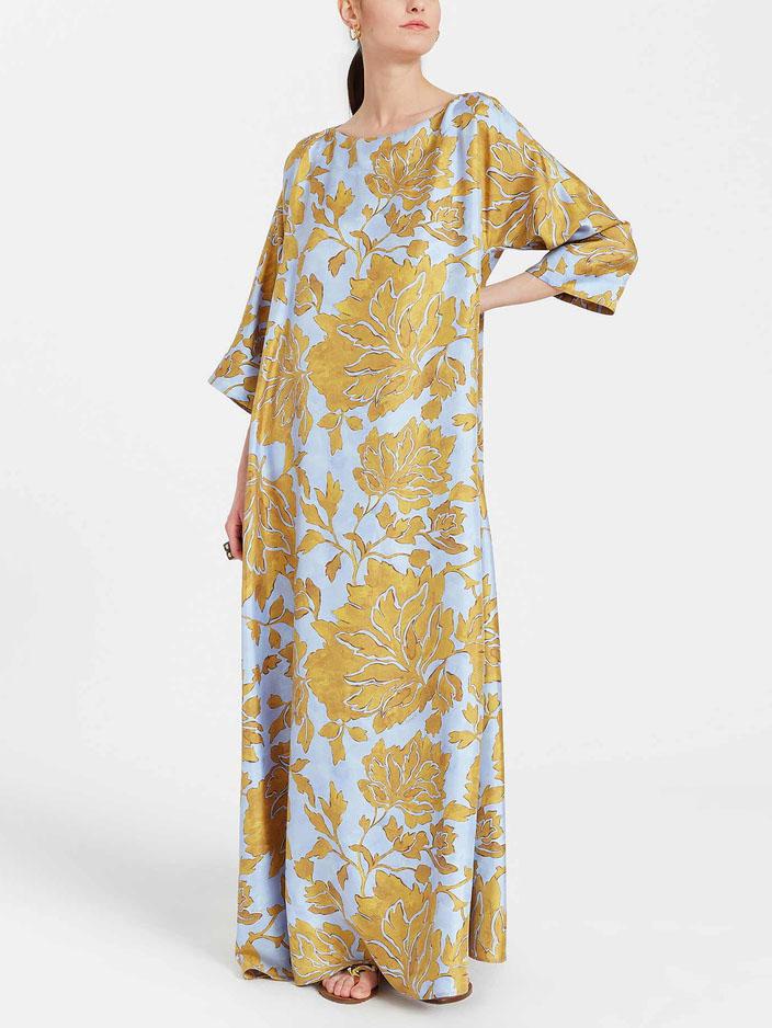 Robe longue fluide à col rond et imprimé pivoines exquis