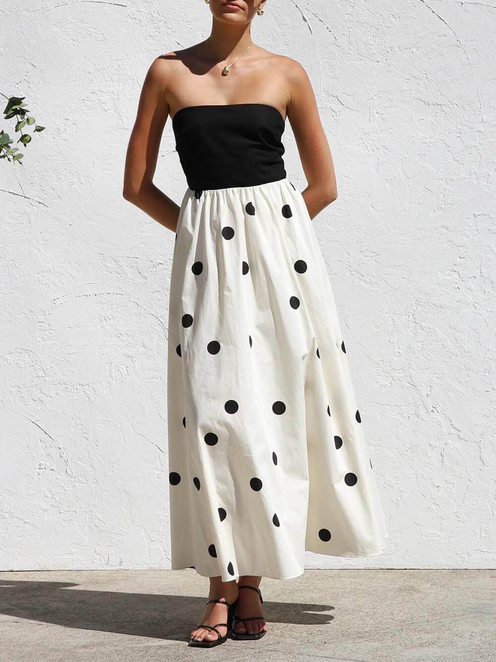 Robe longue trapèze élégante à imprimé pois et enveloppante