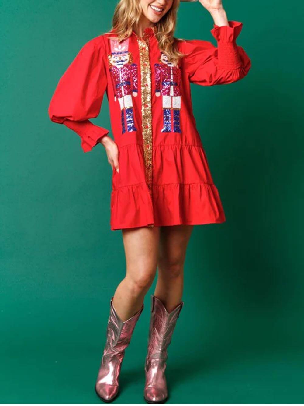 Mini-robe de Noël à paillettes et manches longues contrastées