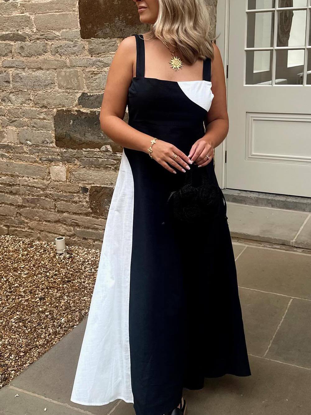 Robe longue smockée simple à bride arrière de couleur contrastée