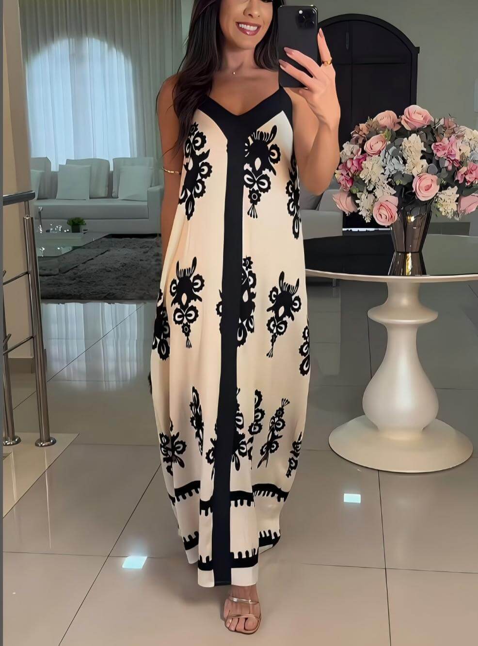 Robe longue ample élégante à imprimé ethnique et patchwork