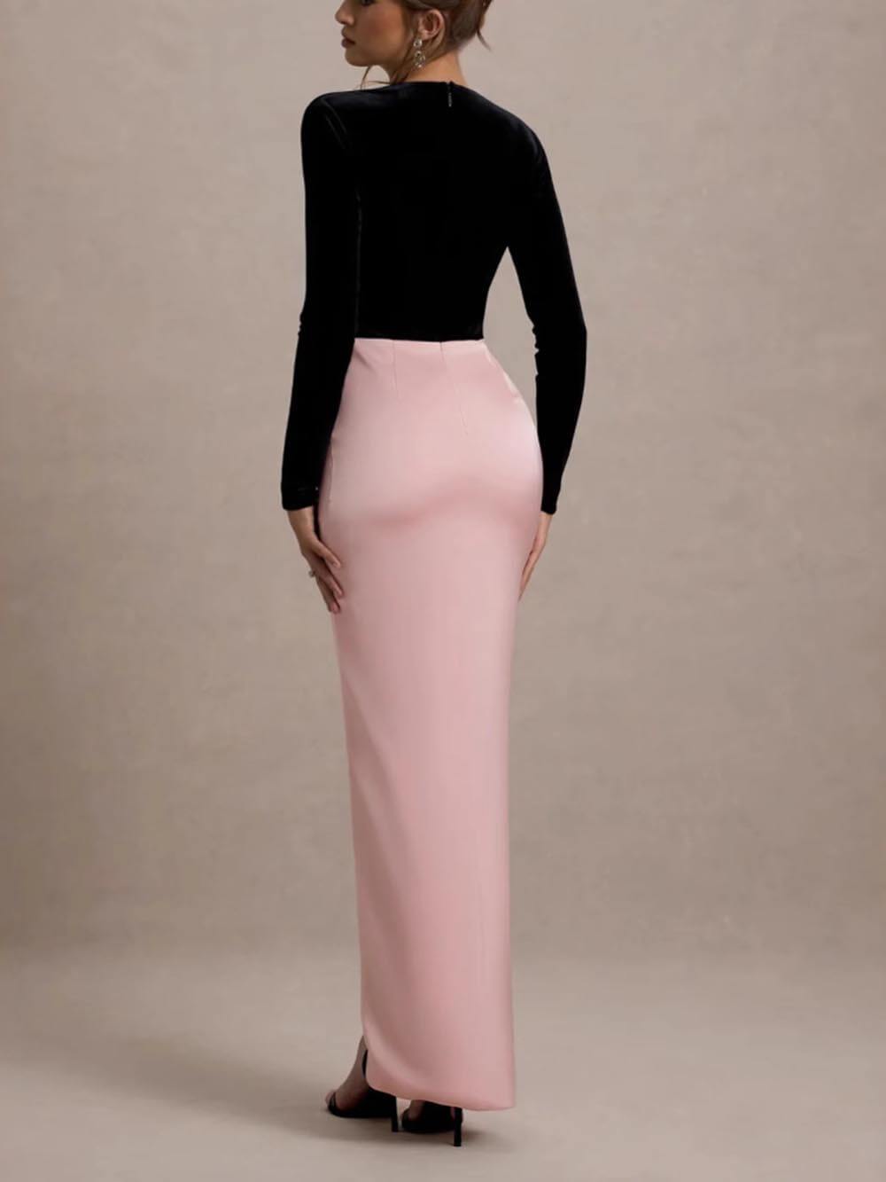 Robe longue taille haute à col en V, tendance et sexy, couleur assortie