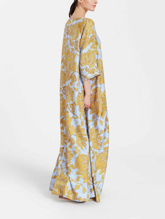 Robe longue fluide à col rond et imprimé pivoines exquis