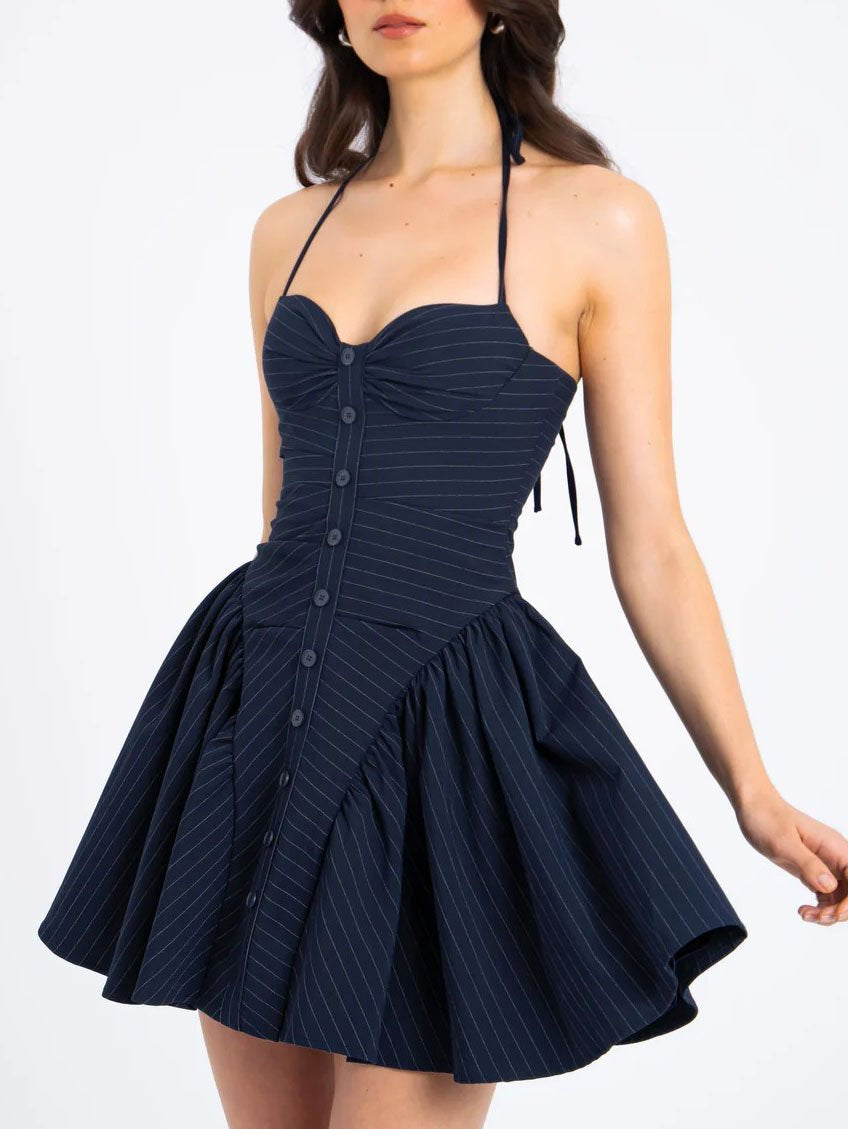 Mini-robe à rayures fines et col licou taille basse