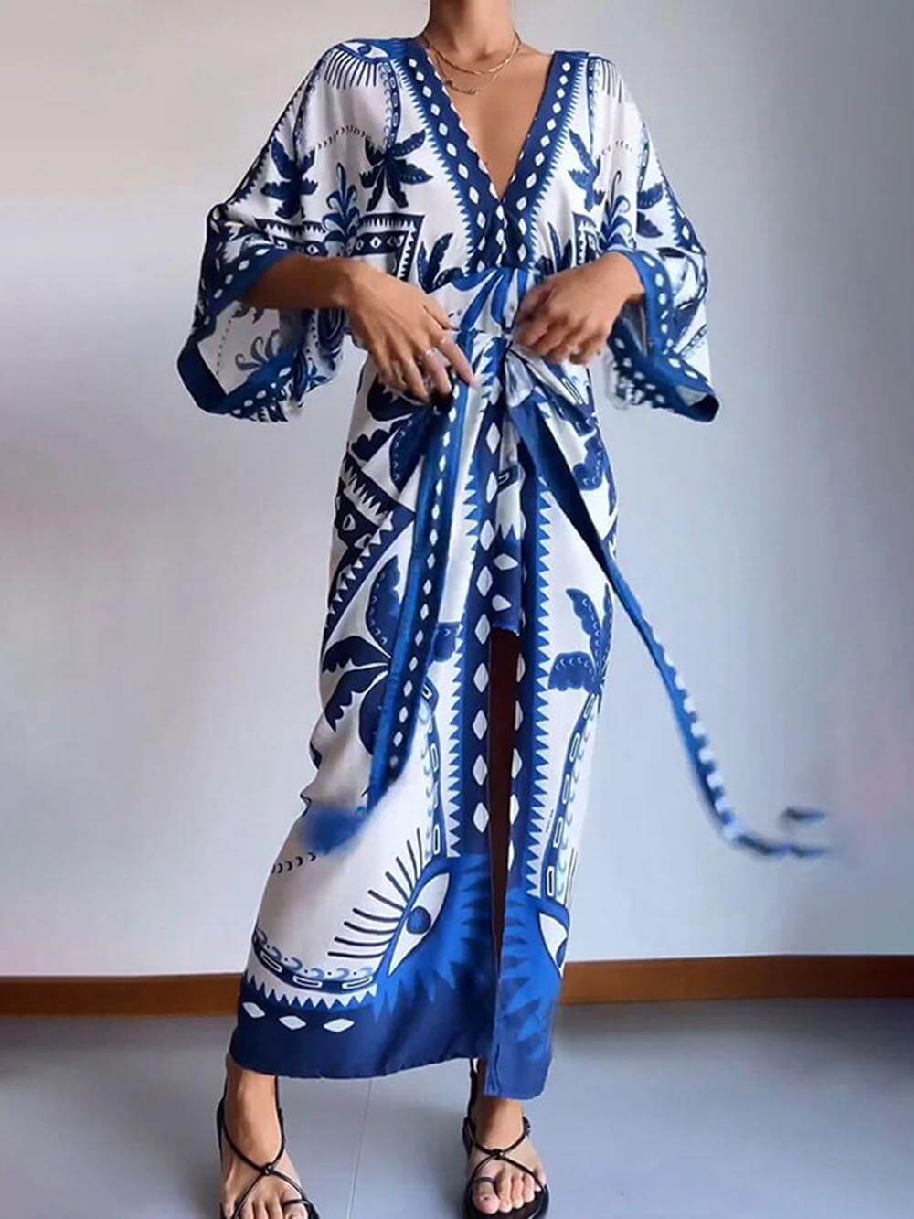 Robe longue à lacets en deux pièces, unique et chic, avec imprimé ethnique palmier