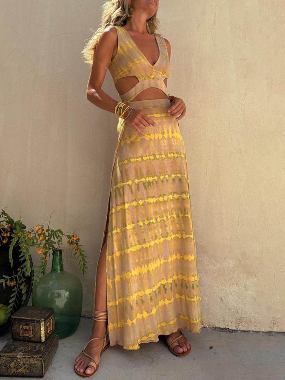 Robe extensible fendue à imprimé tie-dye unique et découpé