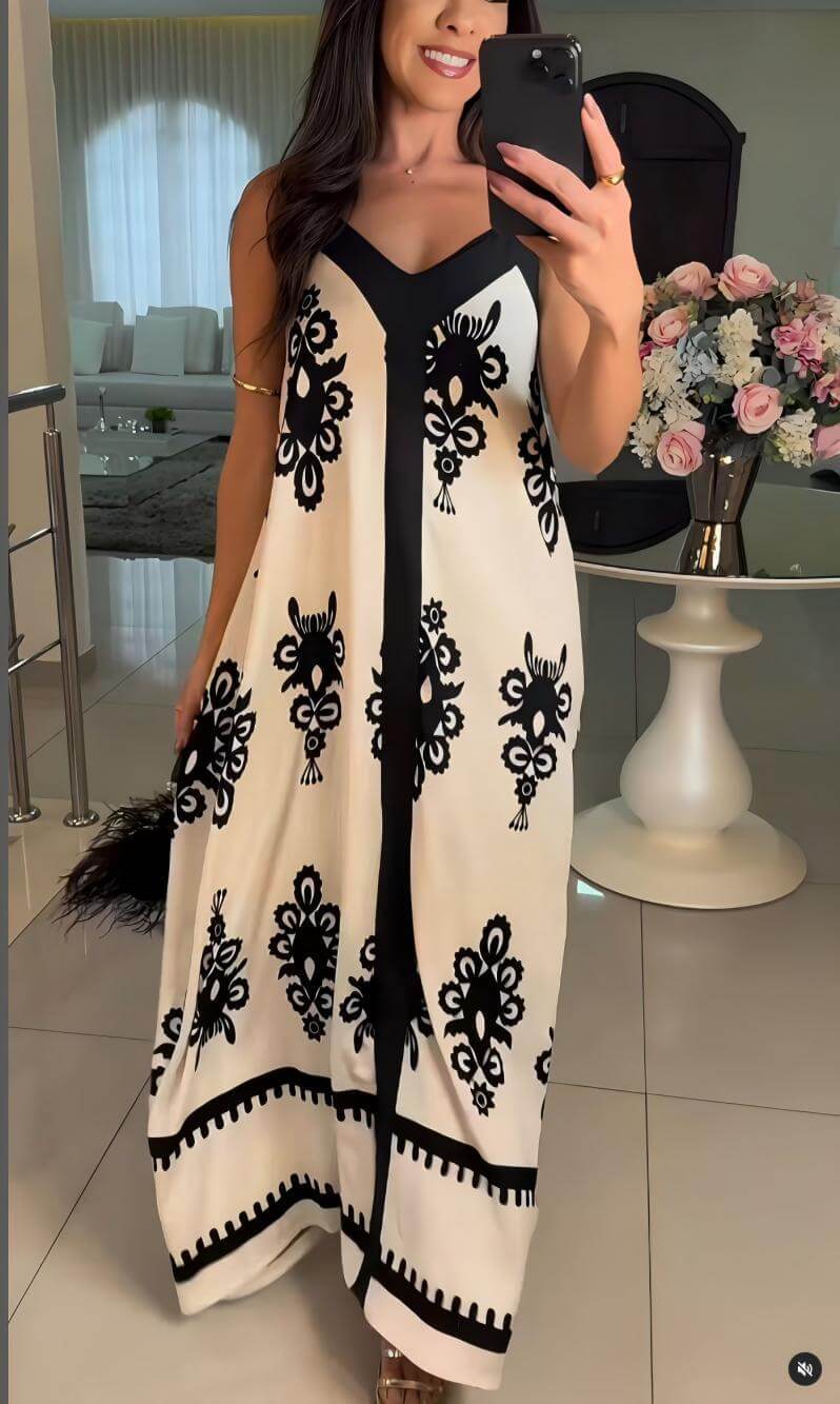 Robe longue ample élégante à imprimé ethnique et patchwork