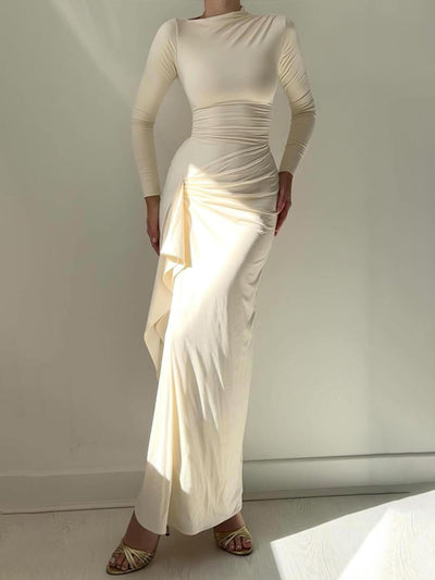 Elegant Ruched Side Slit Drape Ruffles Back Lace-up Stretch Maxi Dress DressSoul
