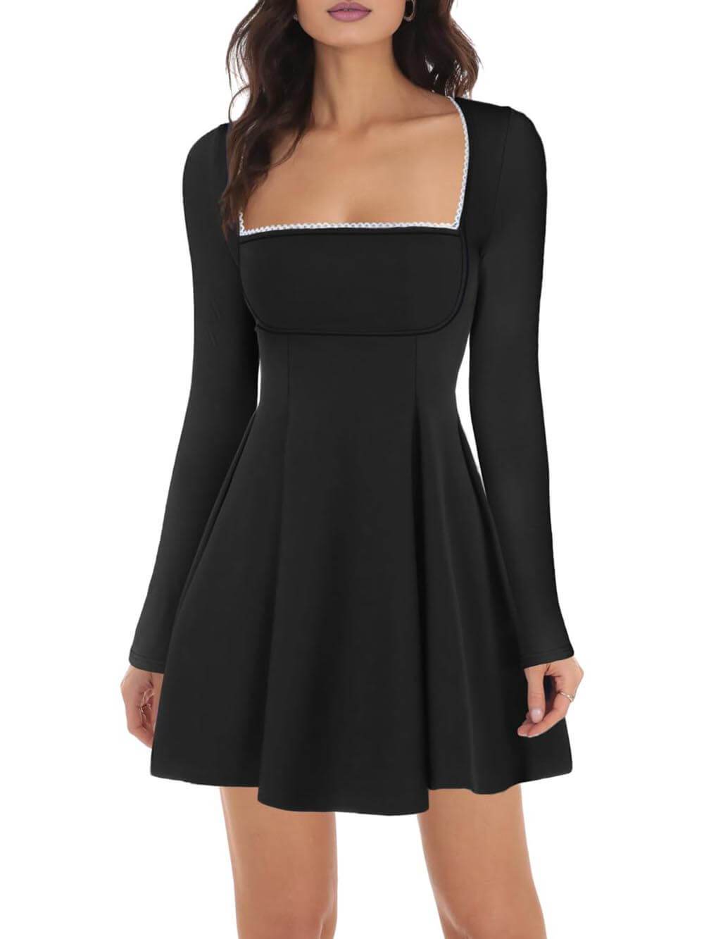 Vestido mini clásico y elegante con escote cuadrado, corte A y volantes