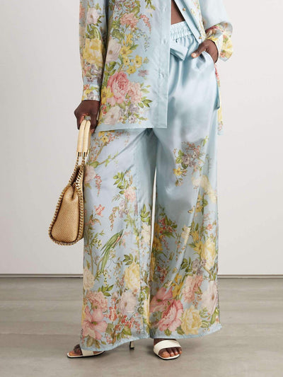Fine Satin Positioned Floral Print Wide Leg Pants DressSoul