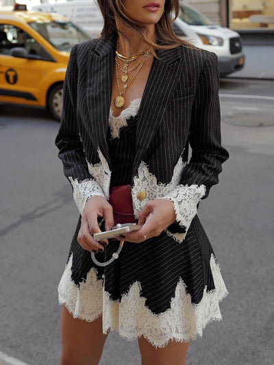 Classic Striped Lace Trim Lapel Crop Loose Blazer DressSoul