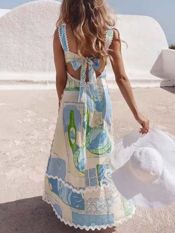 Robe longue unique à imprimé peint et nœud dans le dos ouvert