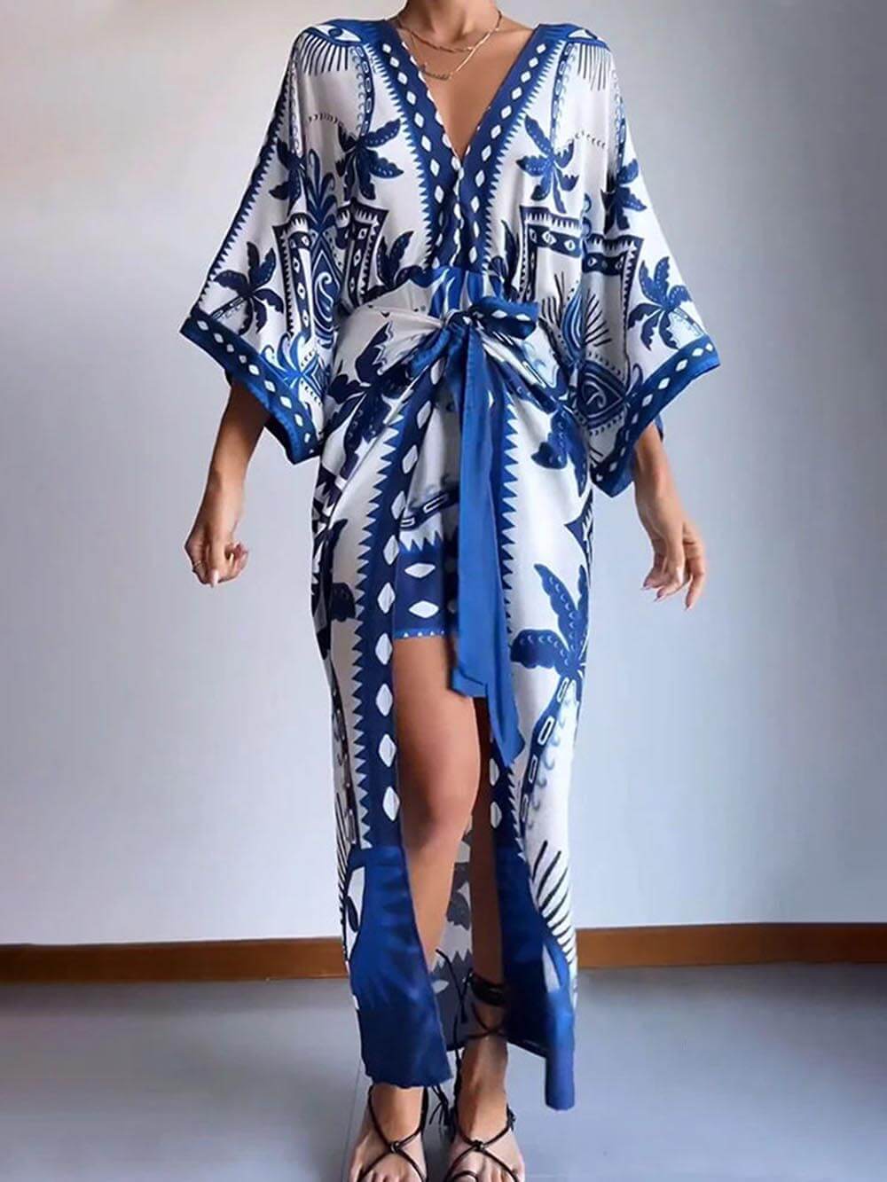 Robe longue à lacets en deux pièces, unique et chic, avec imprimé ethnique palmier