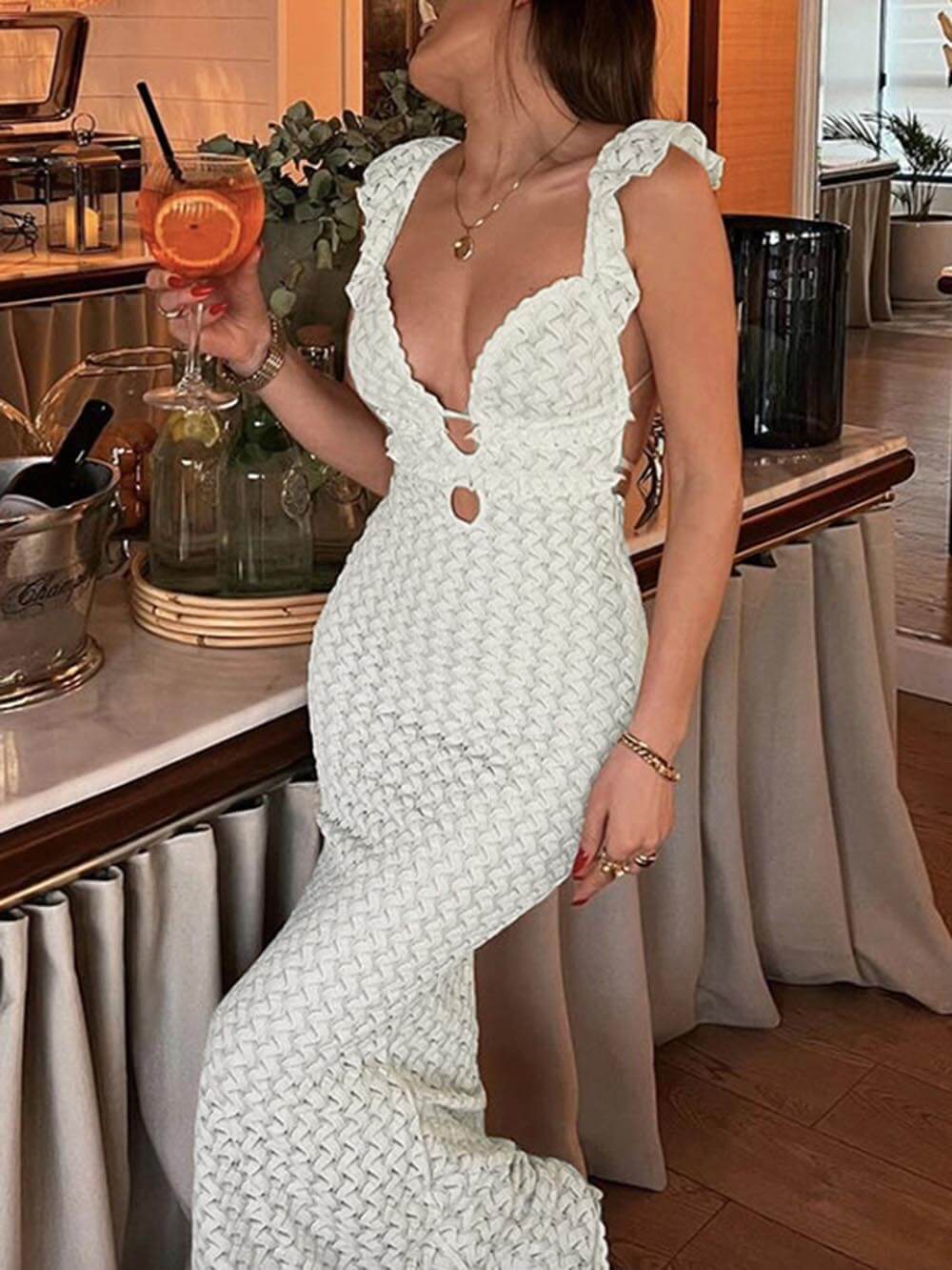 Robe longue élégante à col en V, dos nu, à lacets, ajourée et ajustée