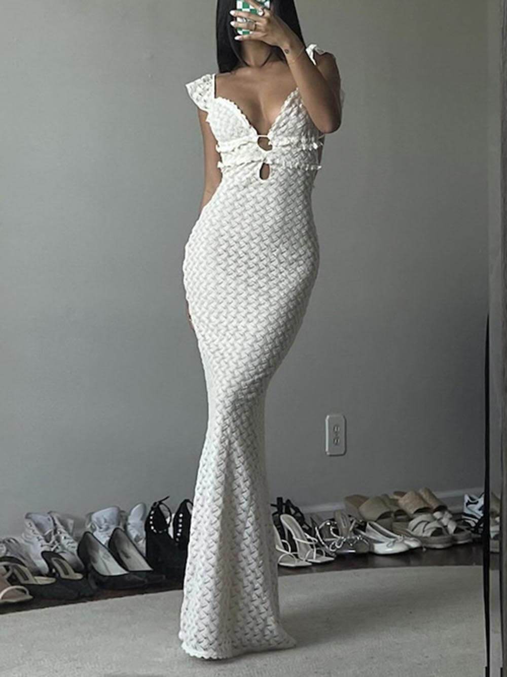 Robe longue élégante à col en V, dos nu, à lacets, ajourée et ajustée