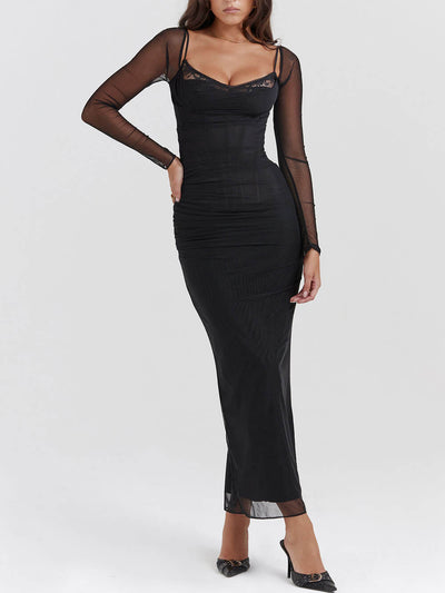 Black Backless Bodycon Suspender Maxi Dress DressSoul