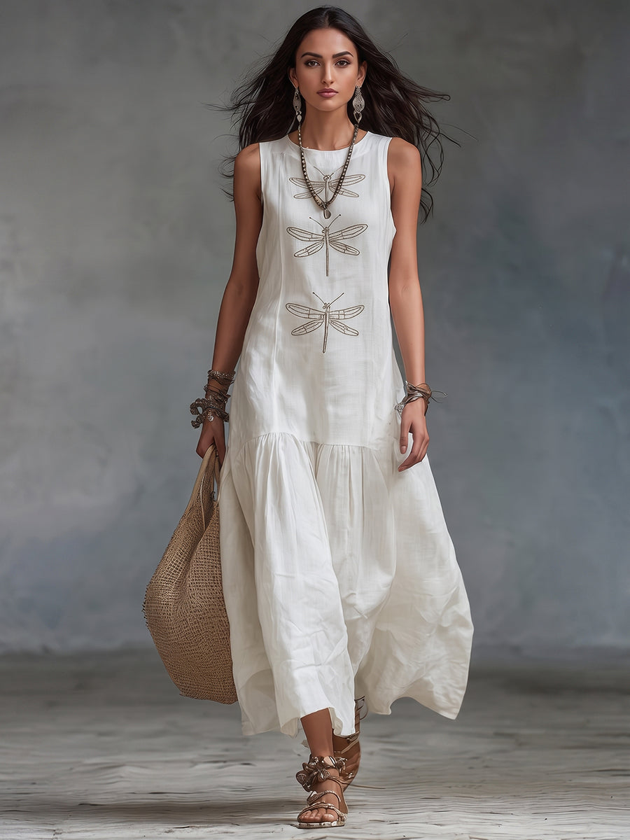 dragonfly garden maxi dress Retro Boho Dragonfly-print Cotton-linen Maxi Dress – DressSoul